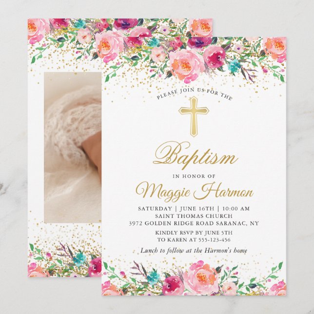 Beautiful Pink Gold Floral Girl Baptism Photo Invitation (Front/Back)