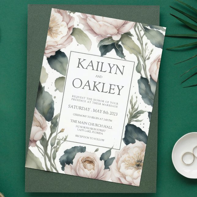 Beautiful Pink Green Peony Floral Wedding Invitation (Creator Uploaded)