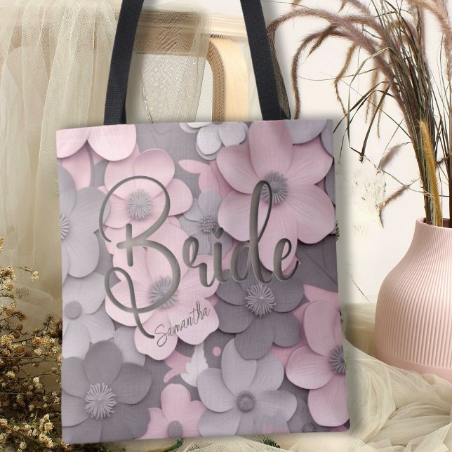 Beautiful Pink-Grey 3D Poppies Floral Bride Tote Bag (Creator Uploaded)
