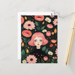 Beautiful Pink Hair and Flowers Postcard