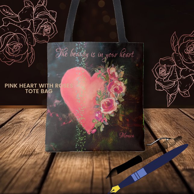 Beautiful Pink Heart black Tote Bag (Beautiful Pink Heart black Tote Bag)