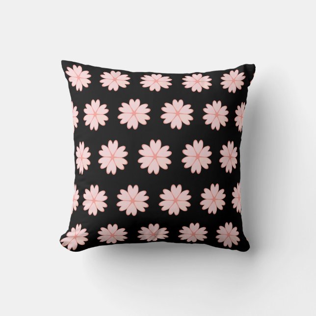 Beautiful Pink Heart Flower Pattern on Black Cushion (Front)