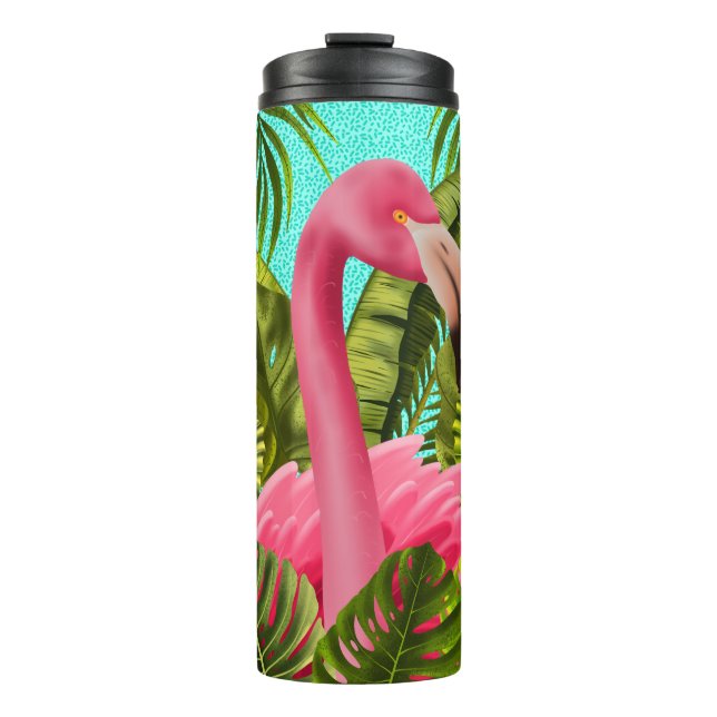Beautiful Pink Heron With Tropical Leaves  Thermal Tumbler (Front)