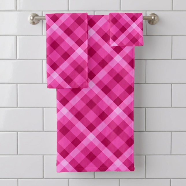 Beautiful Pink Magenta Plaid Bath Towel Set (Beautiful Pink Magenta Plaid Bath Towel Set hanging on a towel rack on a tile wall in a bathroom.)