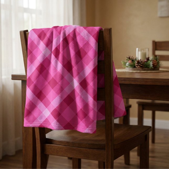 Beautiful Pink Magenta Plaid Small Fleece Blanket (Beautiful Pink Magenta Plaid Small Fleece Blanket draped on the back of a chair in a dining room.)