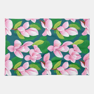 Beautiful Pink Magnolia Flowers Tea Towel