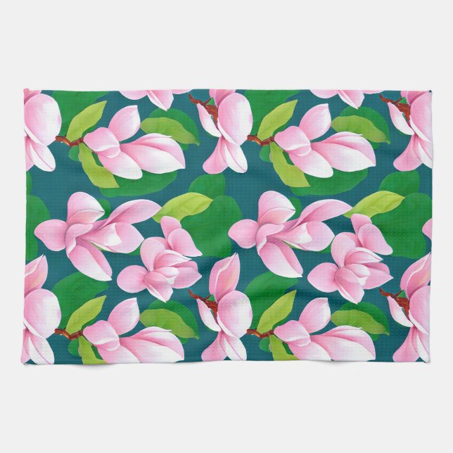 Beautiful Pink Magnolia Flowers Tea Towel (Horizontal)