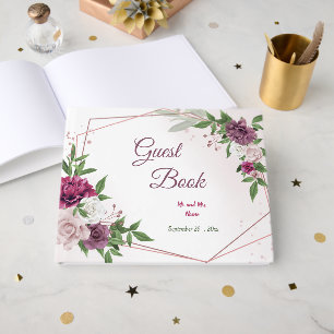 beautiful pink mauve burgundy flowers geometric guest book