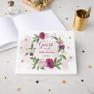 beautiful pink mauve burgundy flowers greenery guest book