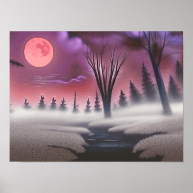 Beautiful Pink Midnight Foggy Forest Full Moon Poster (Front)