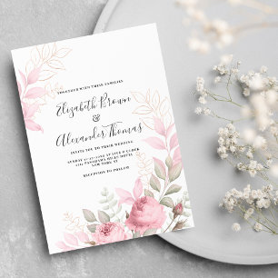 Beautiful pink mint roses leaves floral wedding invitation