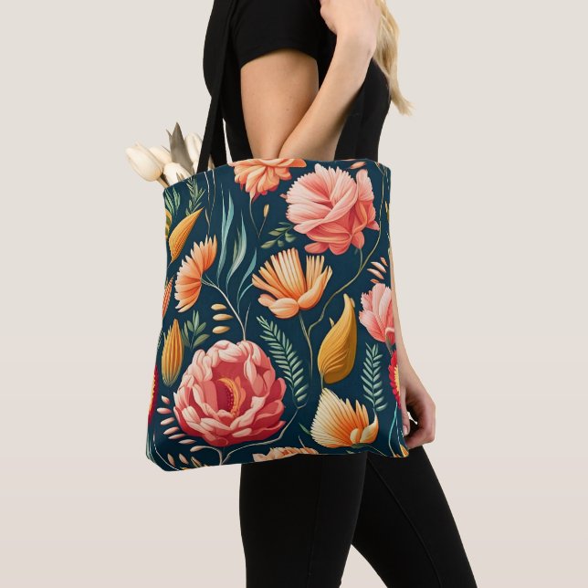 Beautiful Pink, Orange, and Red Flower Pattern  Tote Bag (Close Up)