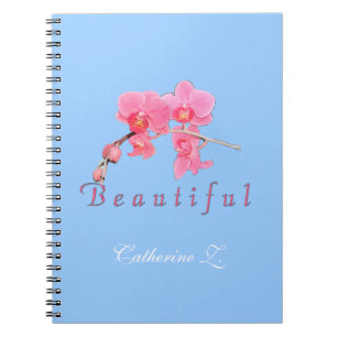 Beautiful pink orchid flowers in blue background. spiral notebook