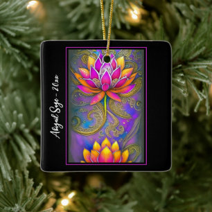 Beautiful Pink Ornate Lotus Flowers Christmas Ceramic Ornament