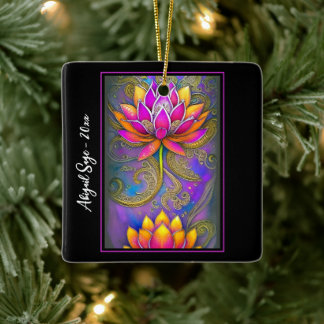 Beautiful Pink Ornate Lotus Flowers Christmas Ceramic Ornament