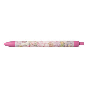 Beautiful pink peonies watercolours. black ink pen