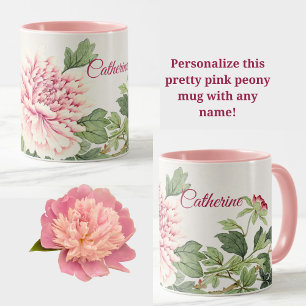 Beautiful Pink Peony Romantic Floral Custom Name Mug