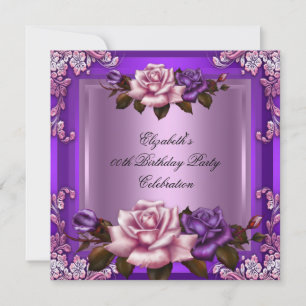 Beautiful Pink Purple Roses Elegant Birthday Party Invitation