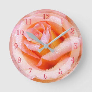 Beautiful Pink Raindrop Sprinkled Rose Round Clock
