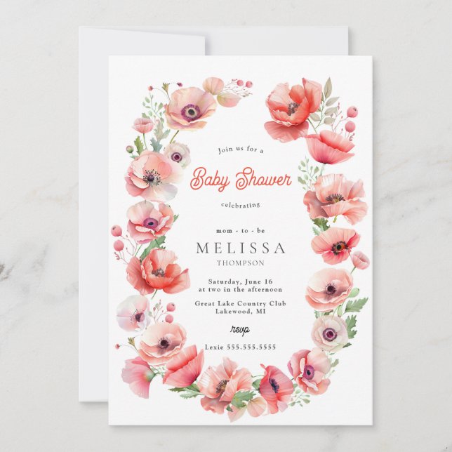Beautiful Pink & Red Poppy Baby Shower Invitation (Front)