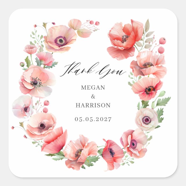 Beautiful pink red poppy flower Thank You Square Sticker (Front)