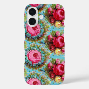 BEAUTIFUL PINK RED ROSES AND BLUE FLOWERS iPhone 16 CASE