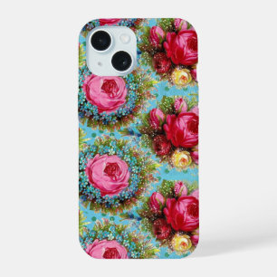 BEAUTIFUL PINK RED ROSES AND BLUE FLOWERS iPhone 15 CASE