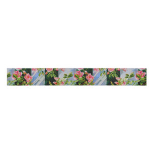 Beautiful pink, red roses, watercolor floral grosgrain ribbon