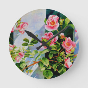 Beautiful pink, red roses, watercolor floral round clock