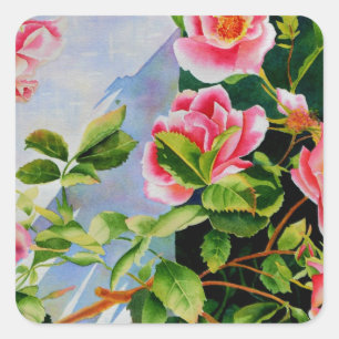 Beautiful pink, red roses, watercolor floral square sticker