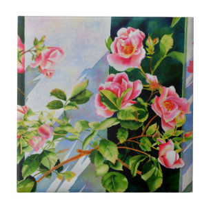 Beautiful pink, red roses, watercolor floral tile