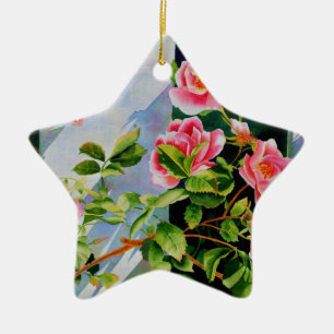 Beautiful pink red white roses watercolor floral ceramic tree decoration