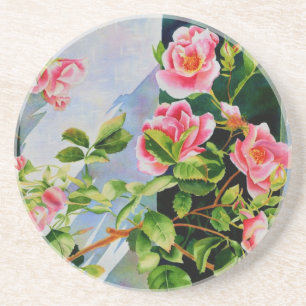 Beautiful pink red white roses watercolor floral coaster