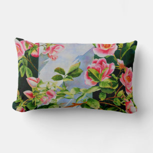 Beautiful  pink red white roses watercolor floral lumbar cushion