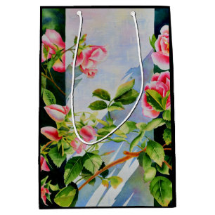 Beautiful pink red white roses watercolor floral medium gift bag