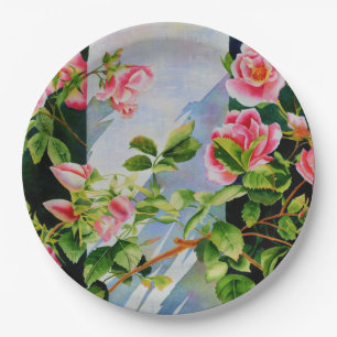 Beautiful pink red white roses watercolor floral paper plate