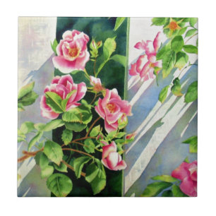 Beautiful pink red white roses watercolor floral tile