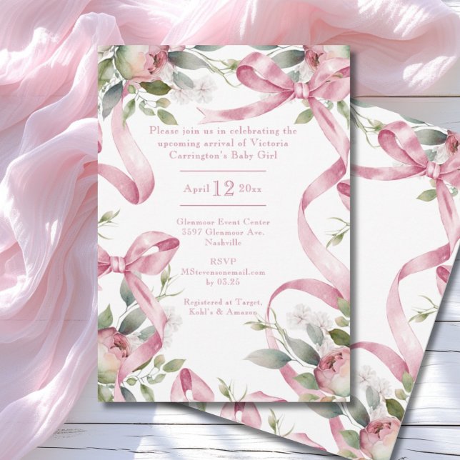Beautiful Pink Ribbons & Floral Baby Shower Invitation (Creator Uploaded)