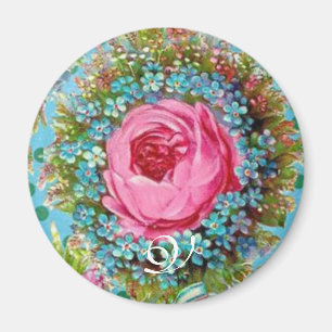 BEAUTIFUL PINK ROSE AND BLUE FLOWERS Monogram Magnet