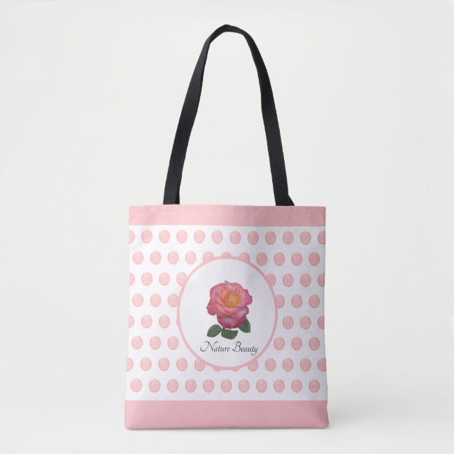 Beautiful Pink Rose and Polka Dots Tote Bag (Front)