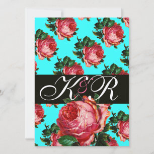 BEAUTIFUL PINK ROSE AQUA BLUE TEAL FLORAL MONOGRAM INVITATION