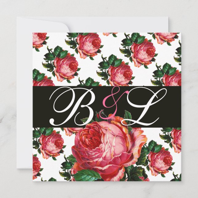 BEAUTIFUL PINK ROSE AQUA BLUE TEAL FLORAL MONOGRAM INVITATION (Front)