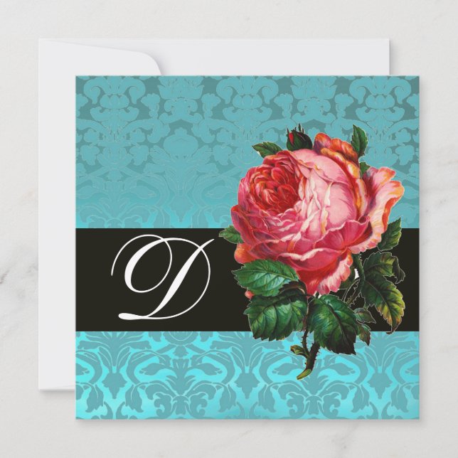 BEAUTIFUL PINK ROSE  BLUE BLACK DAMASK MONOGRAM INVITATION (Front)