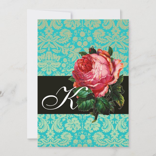 BEAUTIFUL PINK ROSE  BLUE BLACK DAMASK MONOGRAM INVITATION (Front)