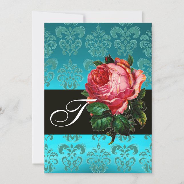 BEAUTIFUL PINK ROSE  BLUE BLACK DAMASK MONOGRAM INVITATION (Front)