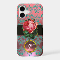 BEAUTIFUL PINK ROSE BLUE TEAL DAMASK GEM MONOGRAM
