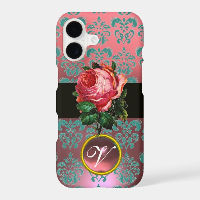 BEAUTIFUL PINK ROSE BLUE TEAL DAMASK GEM MONOGRAM (Back)