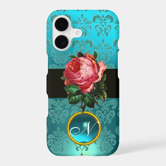 BEAUTIFUL PINK ROSE BLUE TEAL DAMASK GEM MONOGRAM (Back)