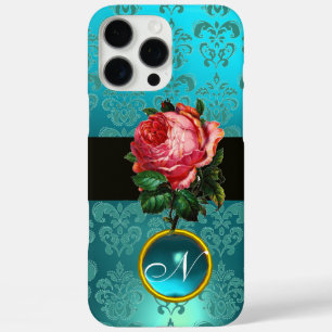 BEAUTIFUL PINK ROSE BLUE TEAL DAMASK GEM MONOGRAM iPhone 16 PRO MAX CASE