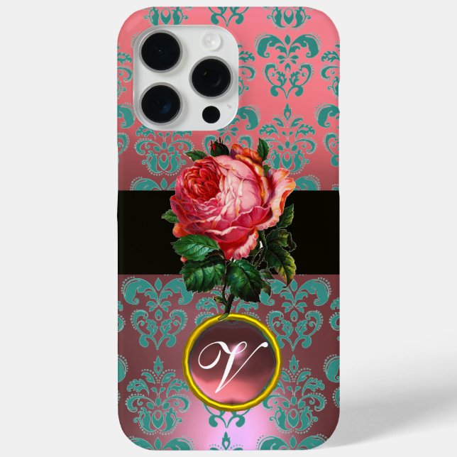 BEAUTIFUL PINK ROSE BLUE TEAL DAMASK GEM MONOGRAM Case-Mate iPhone CASE (Back)
